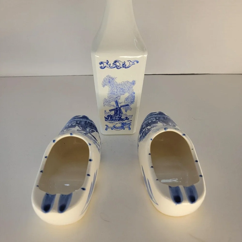 Vintage Delft Blue Windmill Decanter Set Clog Ashtrays Brechner Japan 3 Pc